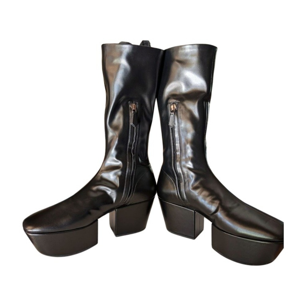 NIB PRADA Black Platform Square Toe Mid Calf Leather Sock Boots Size 39 - Picture 11 of 12